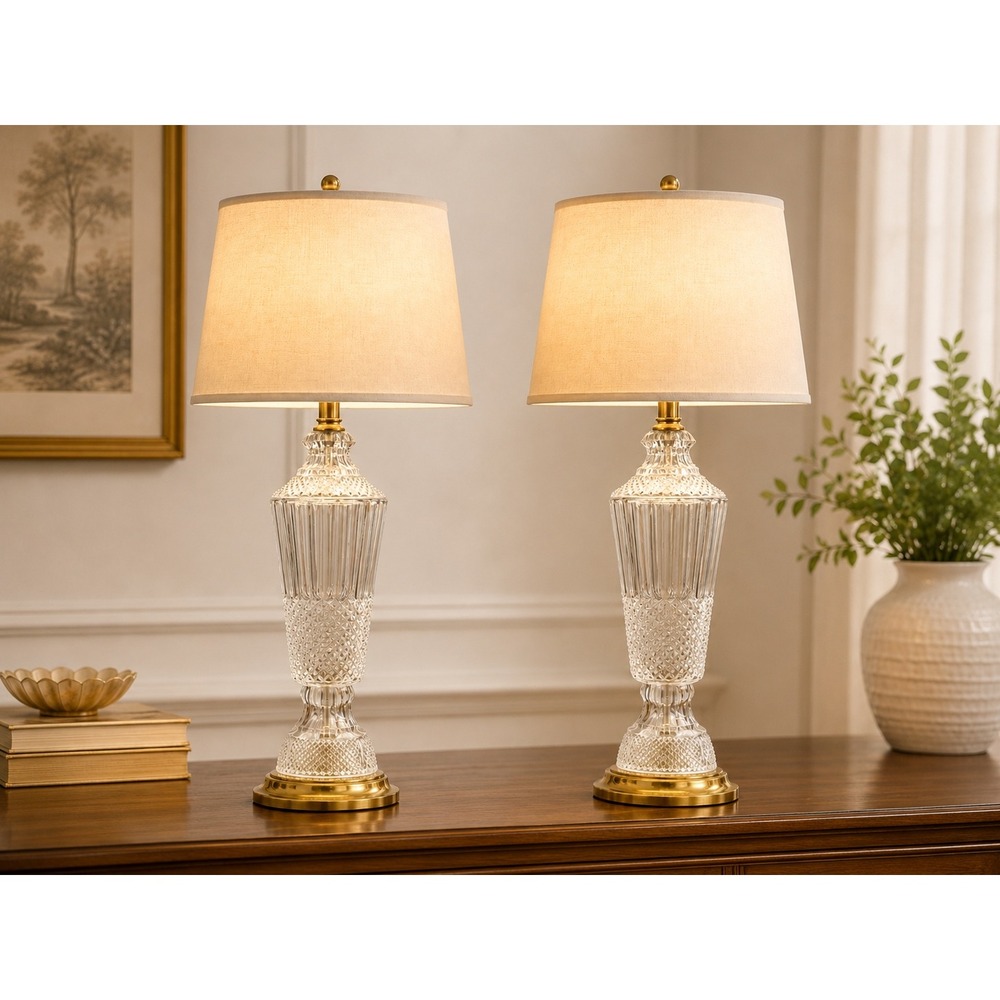 Pair Cut Glass Table Lamps Brass Base Diamond Pattern Vintage Style 33in Tall